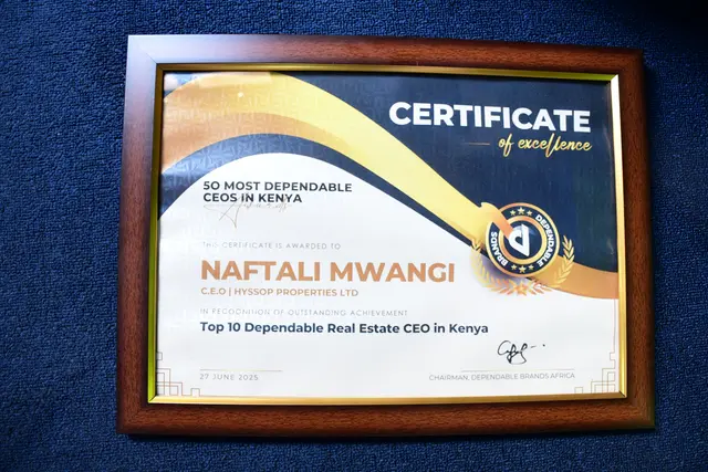 Top 10 Most Dependable CEOs in Kenya award certificate