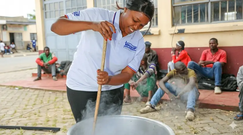 Volunteer serving food to community