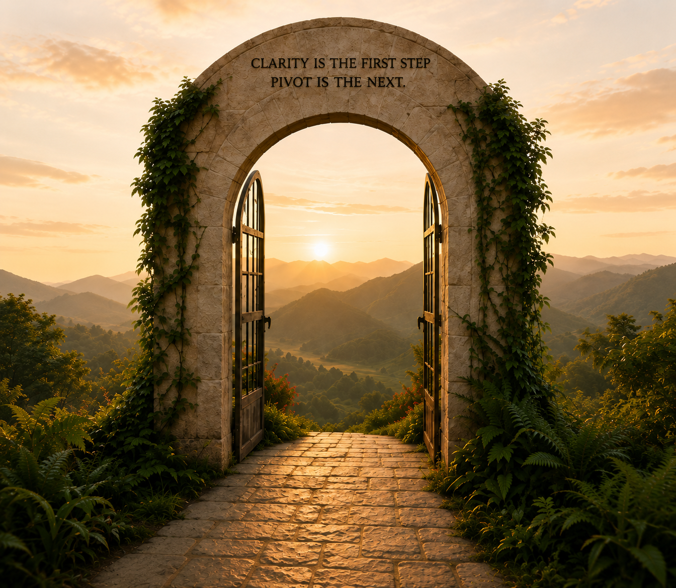 Stone archway opening onto a sunrise path