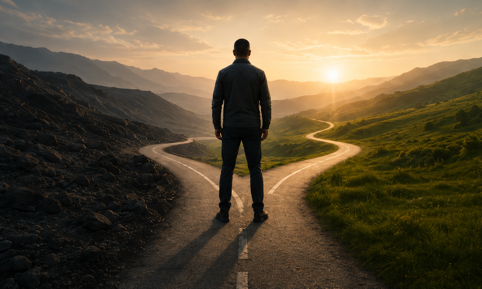Person standing at a fork in the road at sunset