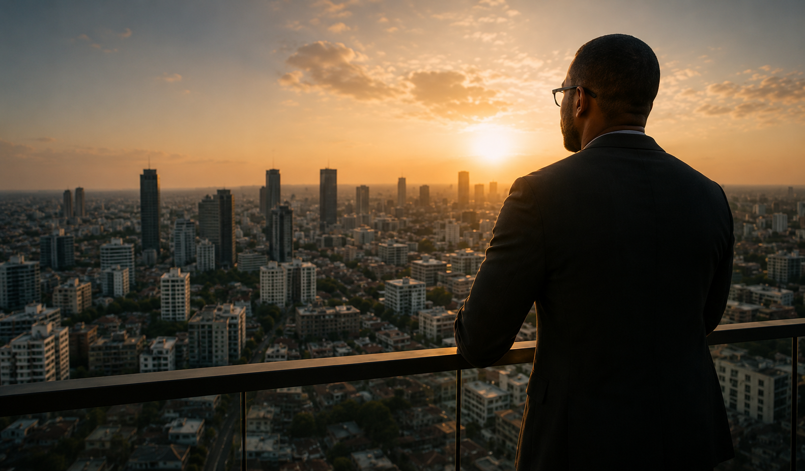 Leader looking out at the city skyline